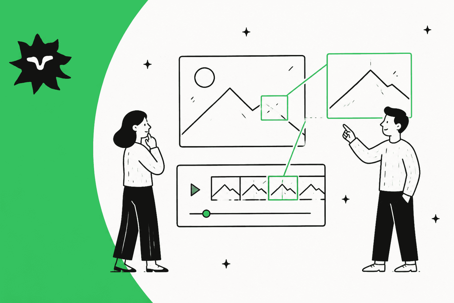 Two people studying a landscape image and a video timeline while green boxes zoom into one region and one frame, next to the Elorian logo on a green band