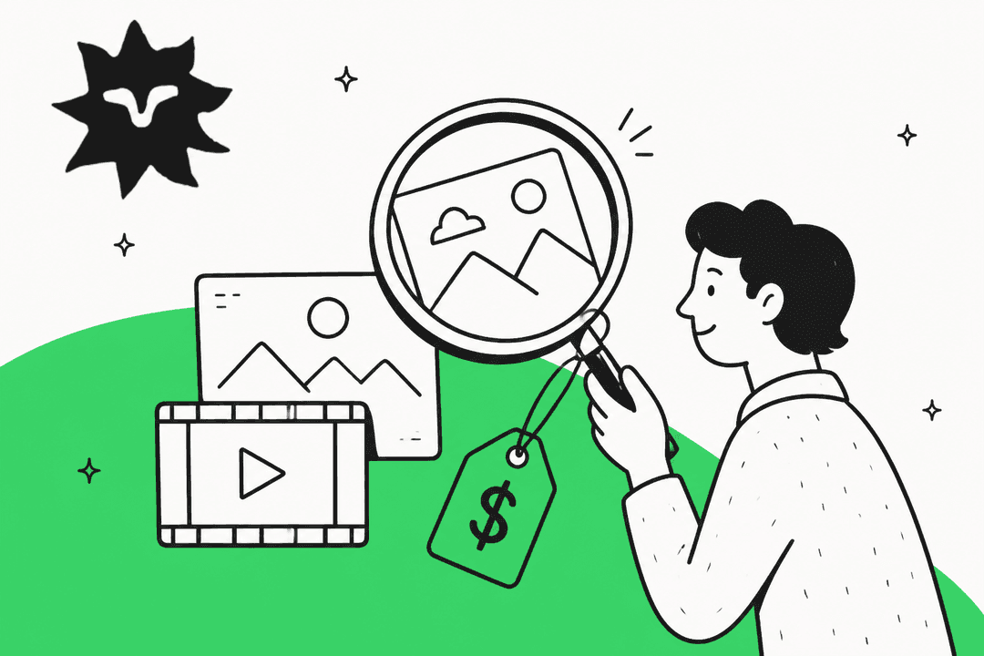 Hand-drawn illustration of a person inspecting a photo and a video clip through a magnifying glass with a price tag hanging from it