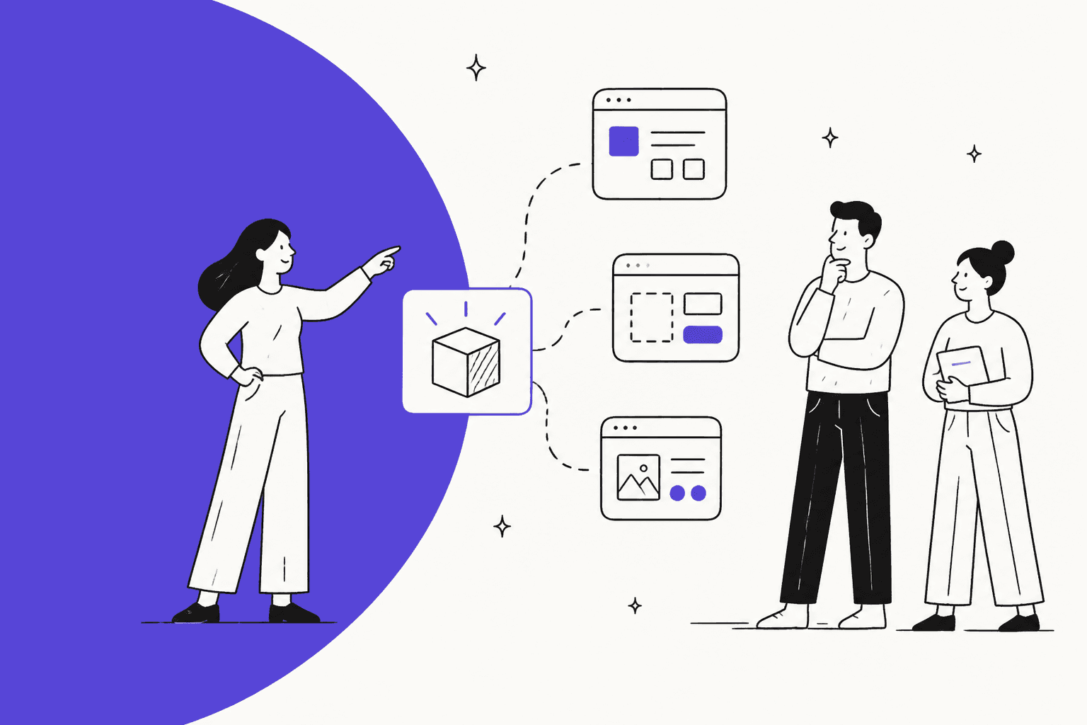 Illustration of three people comparing AI app builder options, 7 best Emergent AI alternatives in 2026
