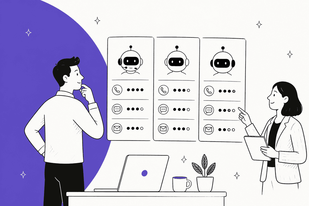 Hand-drawn illustration of two people comparing three AI agent cards that each rate phone, chat and email support, for an Enterprise Bot alternatives comparison