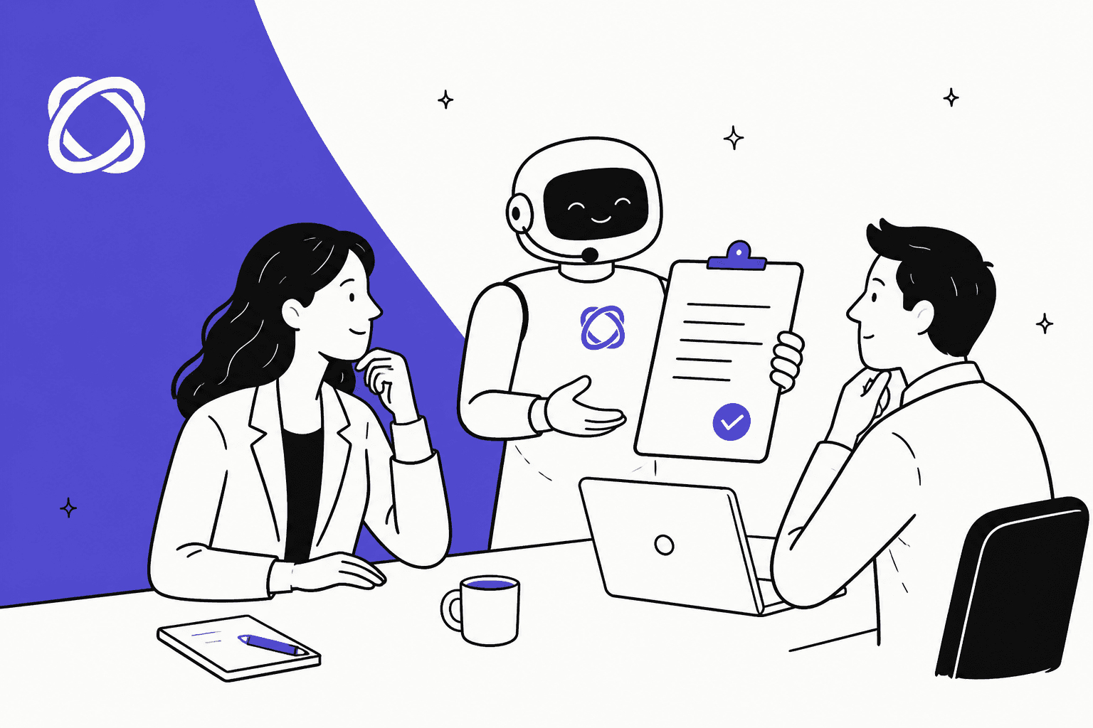 Hand-drawn illustration of two buyers reviewing a contract held by a friendly robot with the Enterprise Bot logo, representing Enterprise Bot pricing