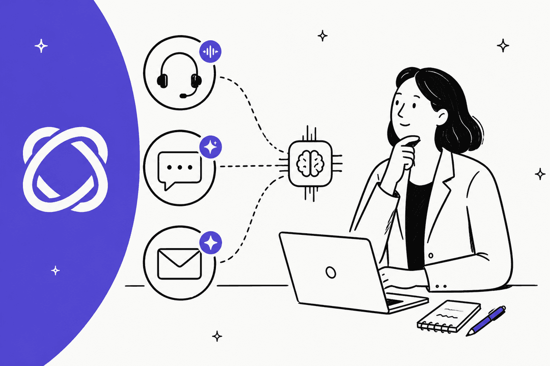 Hand-drawn illustration of an analyst at a laptop weighing voice, chat and email channels that feed into one AI, next to the Enterprise Bot logo, for an Enterprise Bot review