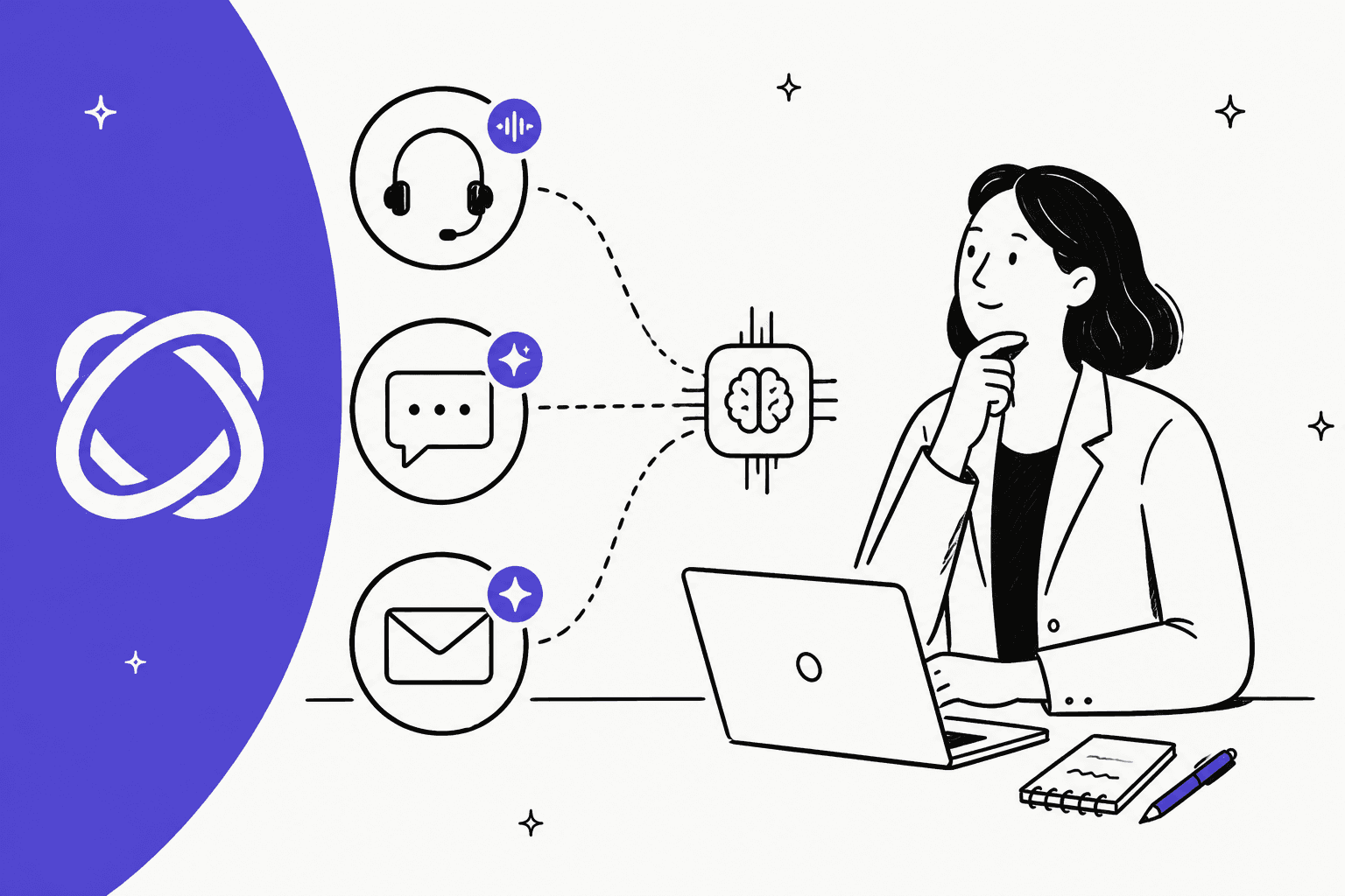 Hand-drawn illustration of an analyst at a laptop weighing voice, chat and email channels that feed into one AI, next to the Enterprise Bot logo, for an Enterprise Bot review