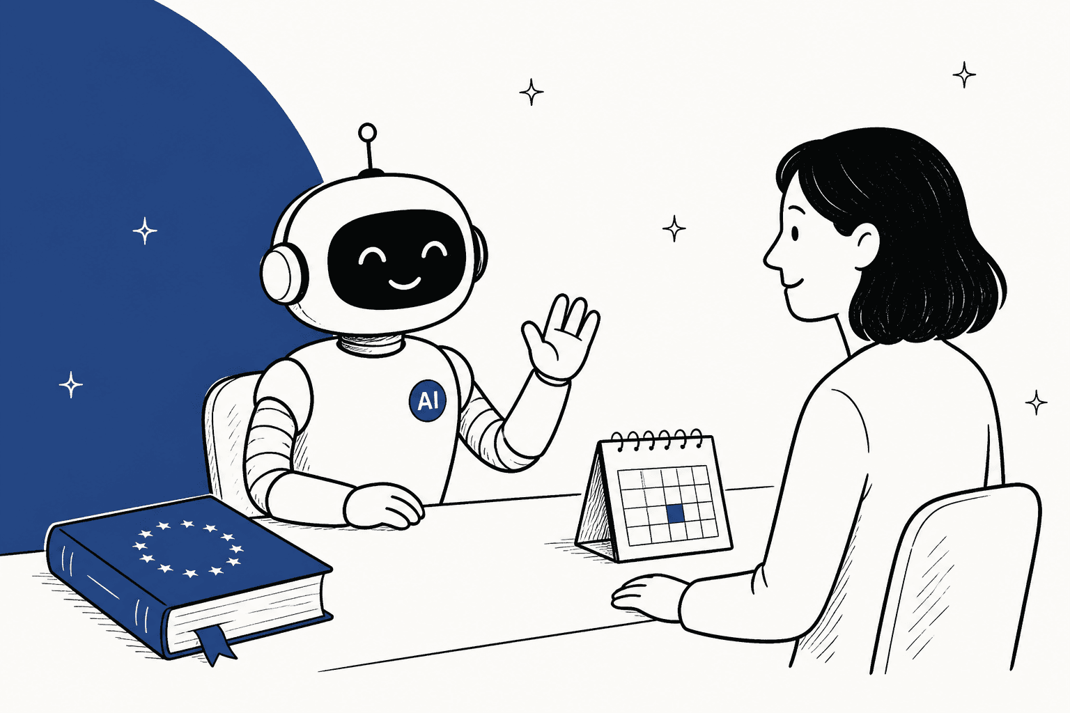 Hand-drawn illustration of a friendly support robot wearing an AI badge waving at a customer across a desk, with an EU rulebook and a calendar on the table