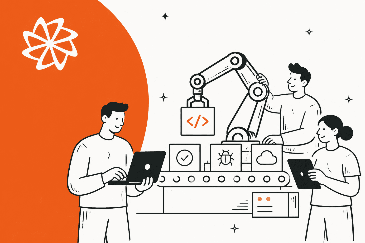 Illustration of people supervising a robotic arm on a software assembly line, for the Factory AI alternatives review