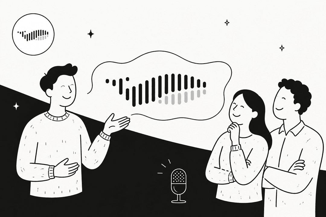 Hand-drawn black and white illustration of a presenter gesturing at a speech bubble filled with a Fish Audio waveform while two colleagues listen and a microphone sits below