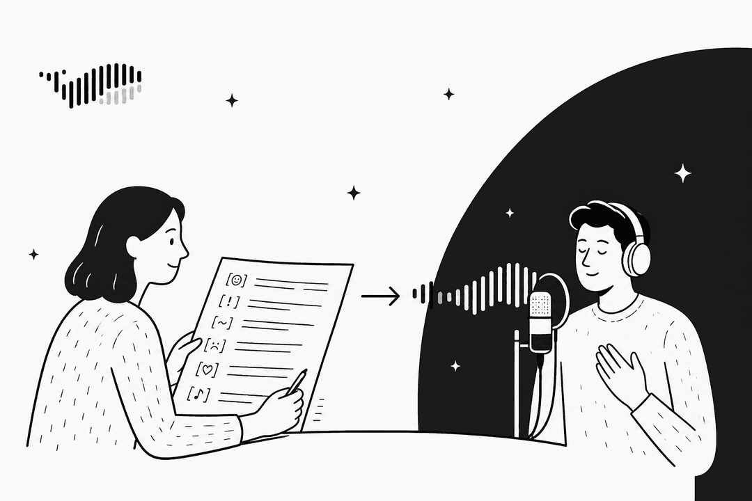 Hand-drawn illustration of a director holding a script full of bracketed emotion cues while a voice actor at a microphone turns them into sound waves, with the Fish Audio logo