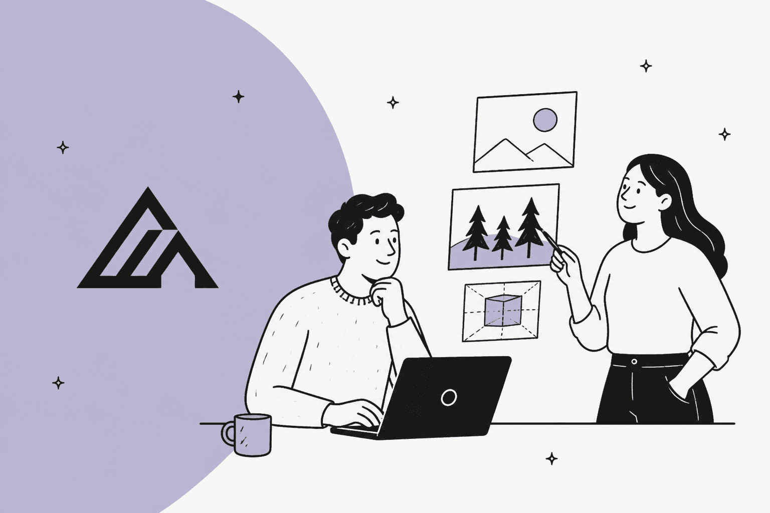 Hand-drawn illustration of two people reviewing framed landscape, forest and cube pictures beside a laptop, next to a black Black Forest Labs logo on a lavender shape