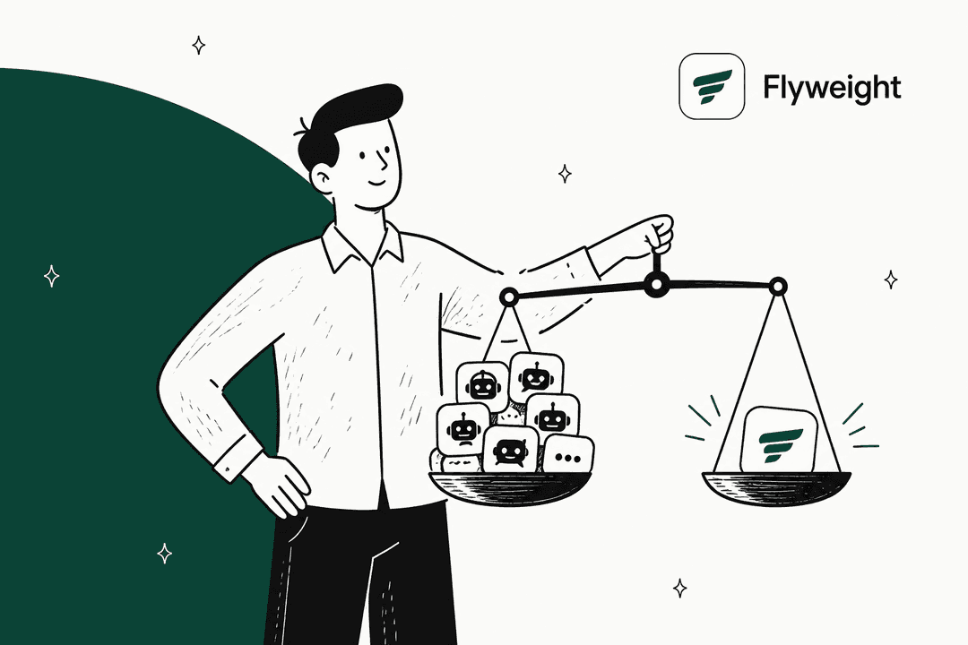 Hand-drawn store owner holding a balance scale with a pile of AI chatbot icons on one side and the Flyweight app icon on the other, with the Flyweight logo in the corner and a dark green shape behind him