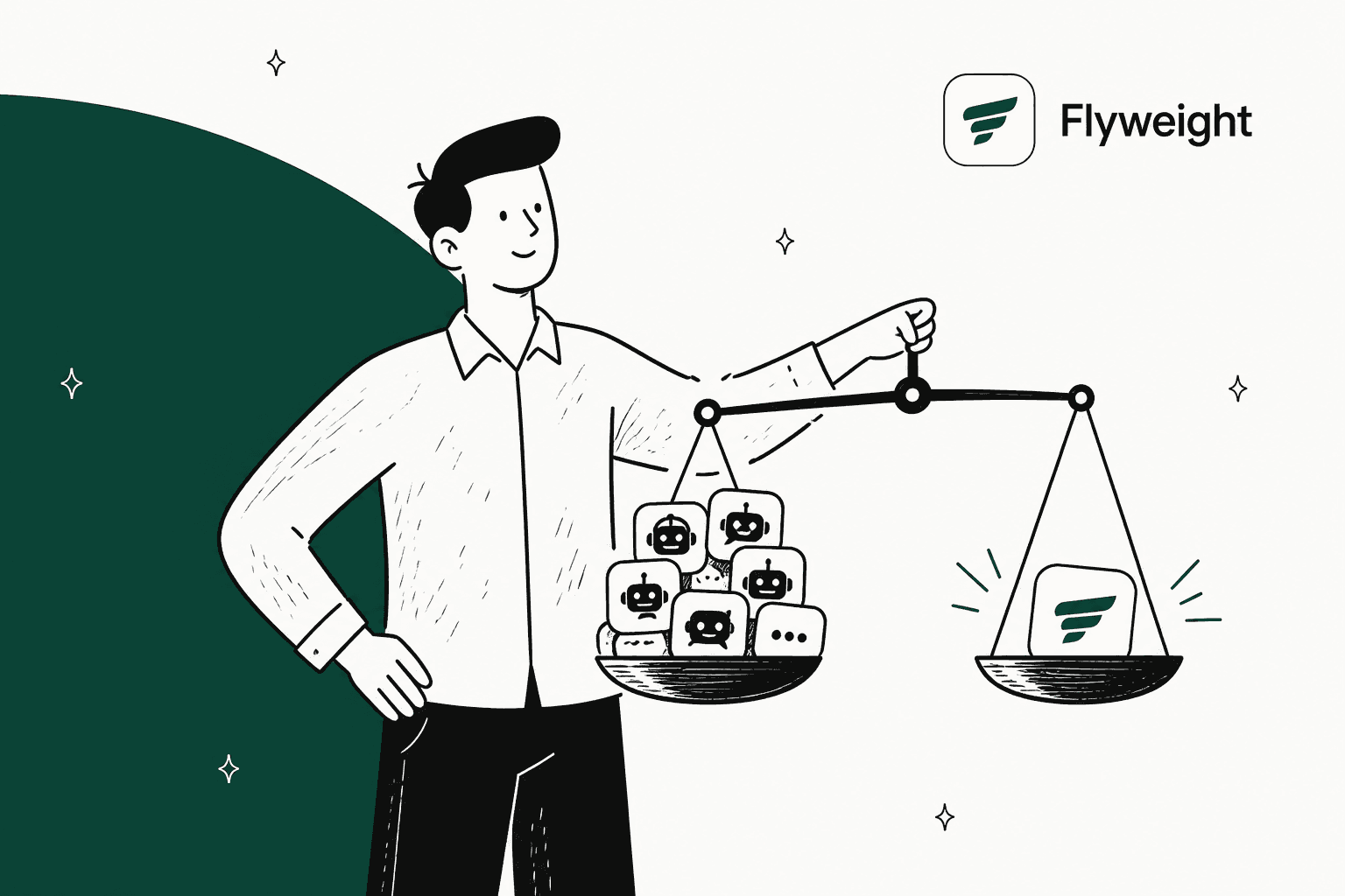 Hand-drawn store owner holding a balance scale with a pile of AI chatbot icons on one side and the Flyweight app icon on the other, with the Flyweight logo in the corner and a dark green shape behind him