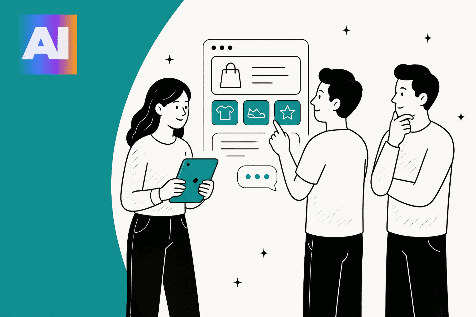 Flyweight pricing hero banner, a hand-drawn woman with a tablet and two men looking at a storefront chat screen with product tiles, next to the colorful Flyweight AI logo on a teal background