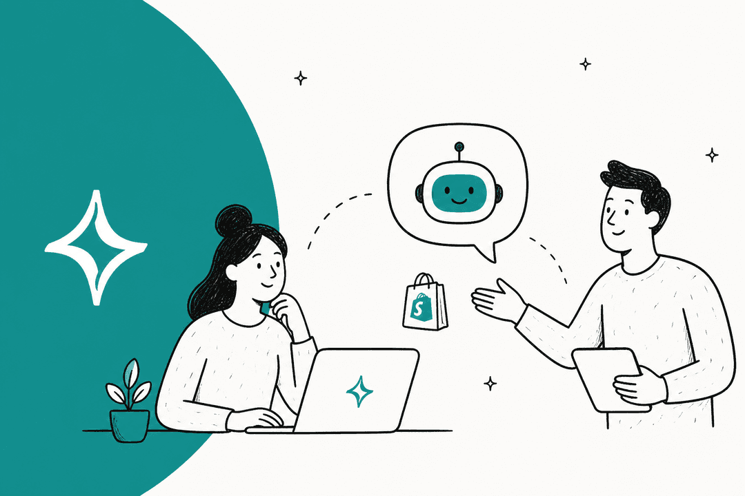 Flyweight review hero banner, a hand-drawn woman at a laptop and a man with a tablet on either side of a smiling chatbot in a speech bubble, with a Shopify bag and sparkle marks on a teal background