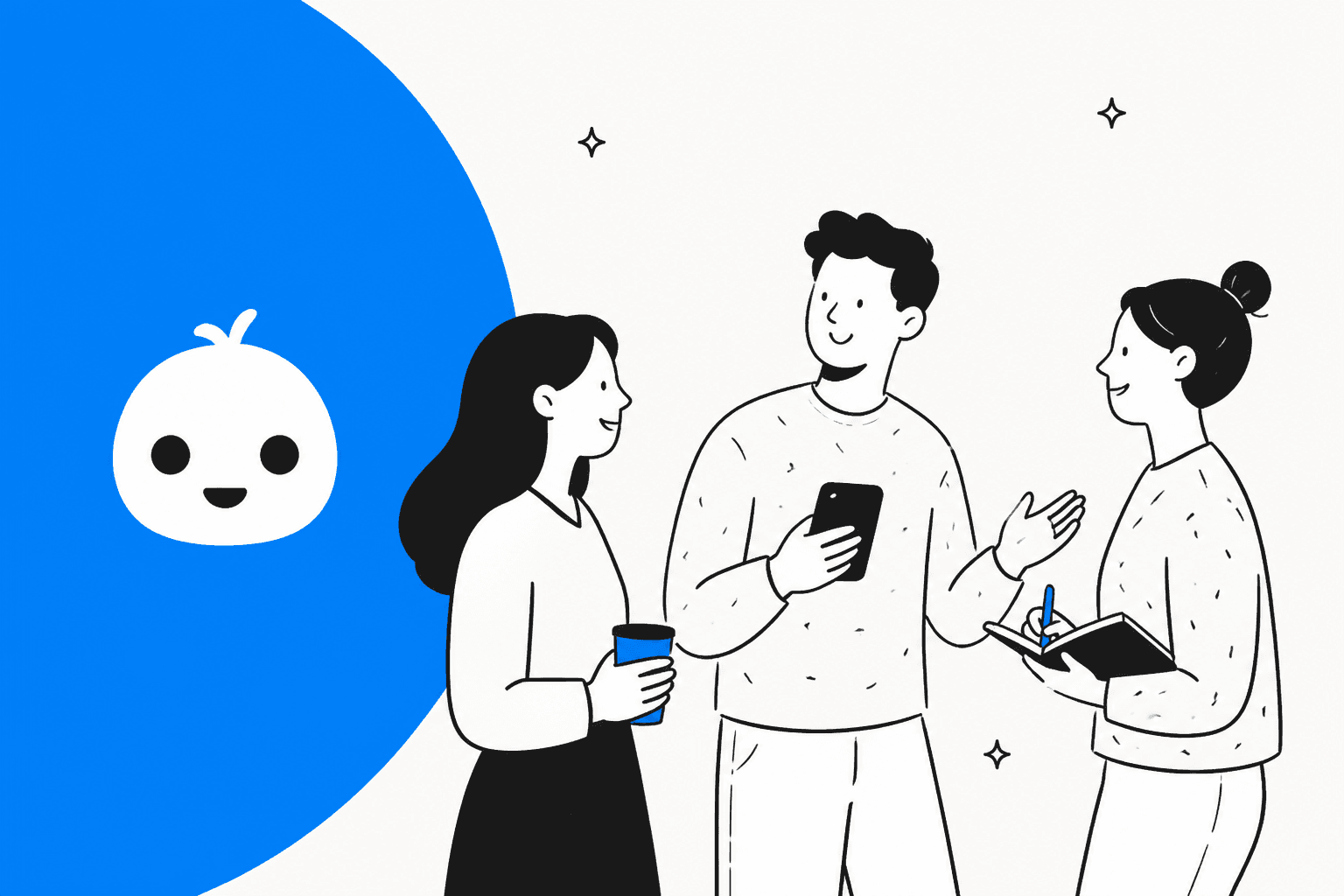 Hand-drawn hero banner of three people chatting, one holding a phone, beside the round folk mascot on a bright blue shape
