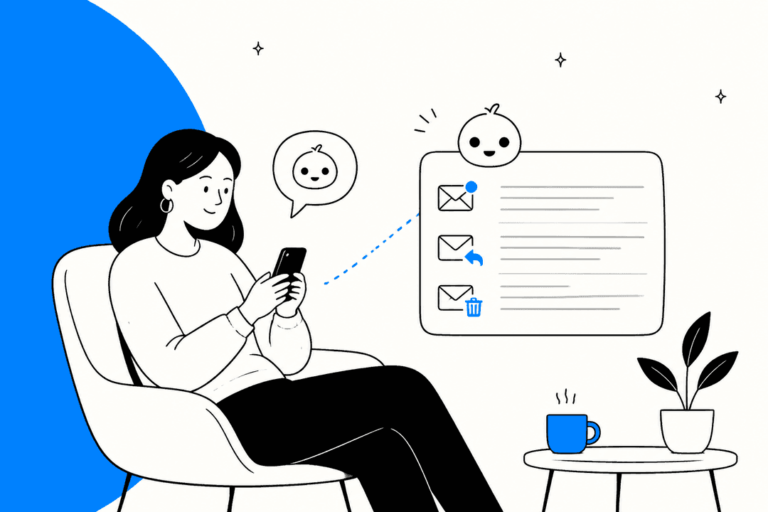 Hand-drawn hero banner of a woman in an armchair texting a friendly AI assistant on her phone, linked to an inbox panel with a new email, a reply and a deleted message