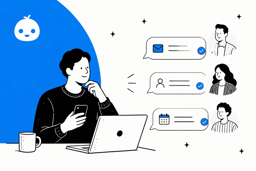 Hand-drawn hero banner of a founder at a laptop holding a phone, with three approved chat bubbles for an email, a contact and a calendar invite going out to three people