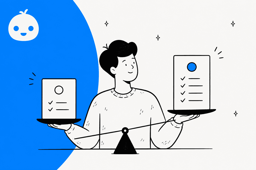 Hand-drawn hero banner for a folk AI assistant pricing post, showing a person weighing a short plan card against a longer one on a balance scale, with the round folk mascot on a bright blue shape
