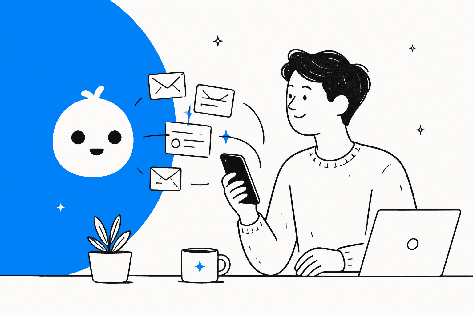 Hand-drawn hero banner for a folk AI assistant review, showing a person smiling at their phone at a desk while email envelopes float out from the round folk mascot on a bright blue shape