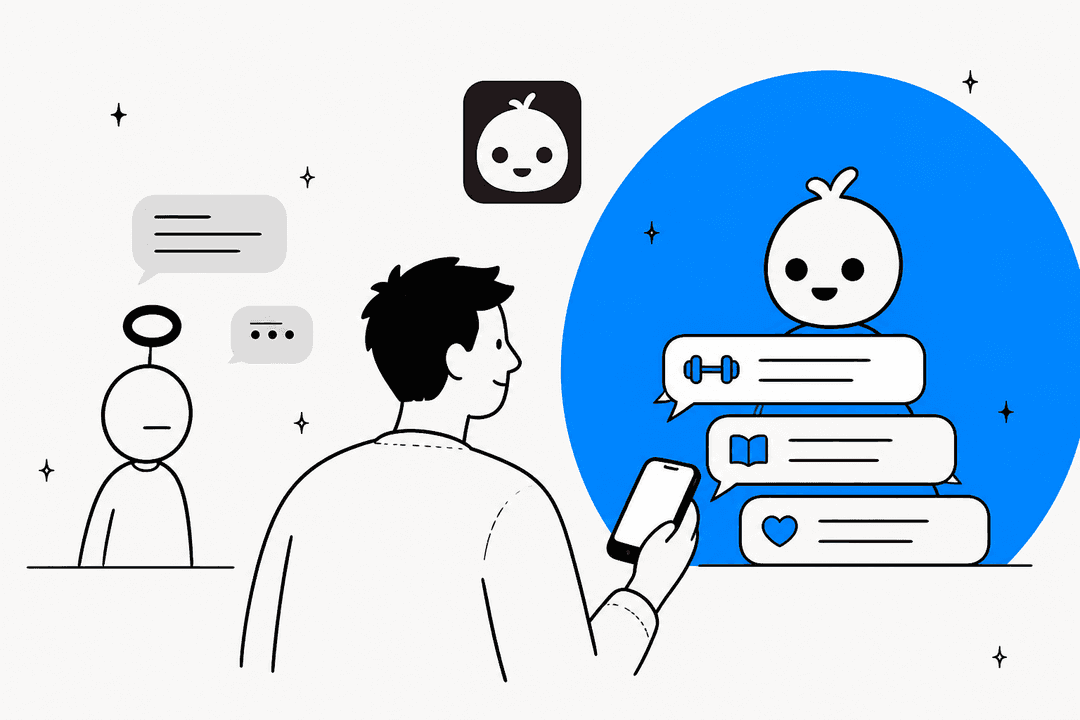 Hand-drawn hero banner of a person texting on a phone while two friendly AI assistant characters reply with message bubbles about workouts, reading and plans