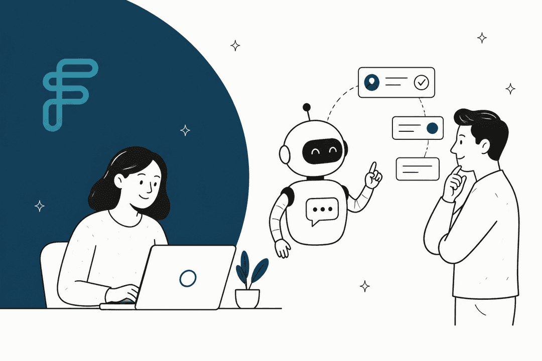 Hand-drawn illustration of a support lead at a laptop and a colleague weighing options with a friendly AI agent, next to the Forethought logo on a deep teal shape
