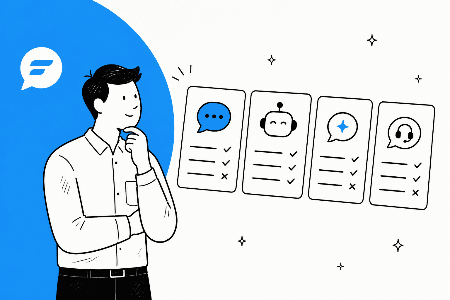 Hand-drawn hero banner with the Formilla logo on a blue shape and a person weighing four option cards for live chat, a chatbot, AI answers and a support headset