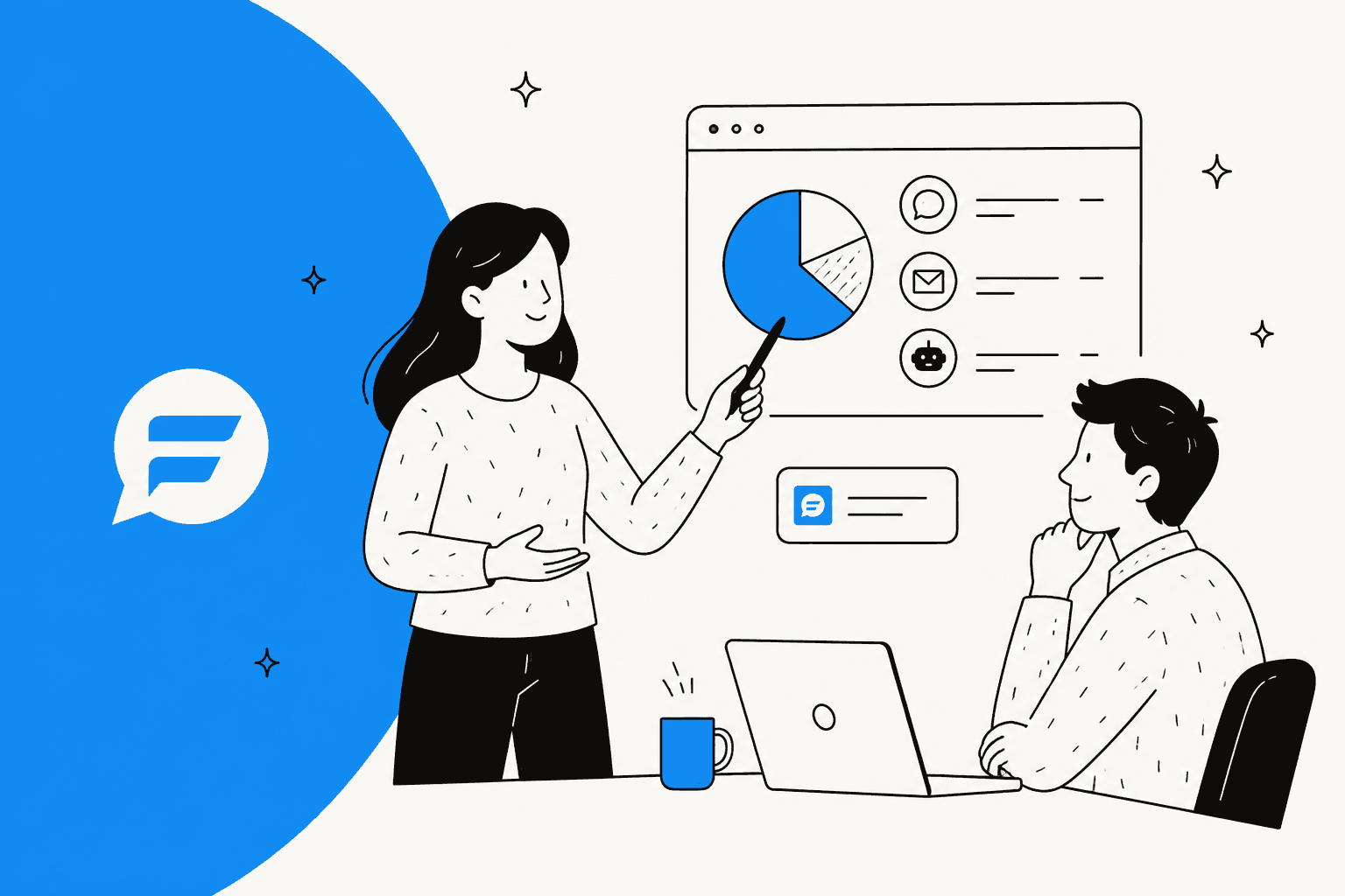Formilla pricing hero banner in Formilla blue, a woman pointing at a pie chart on a browser window beside chat, email and bot icons while a colleague at a laptop listens, with the Formilla speech bubble logo on the left