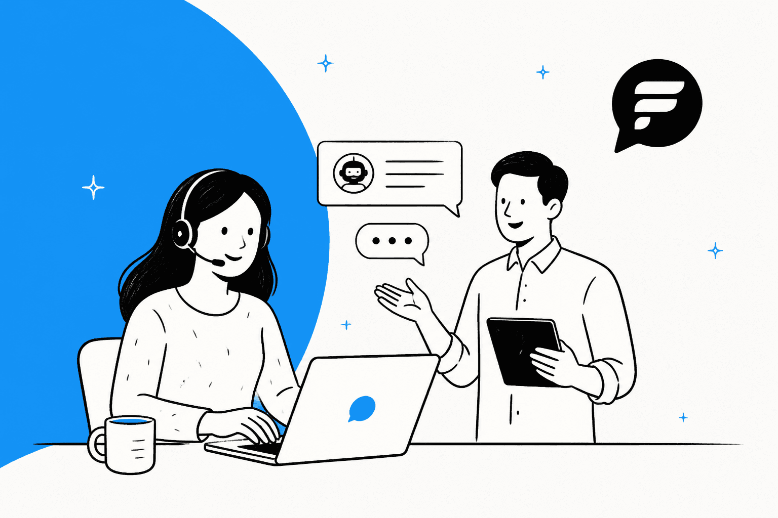 Formilla review hero banner, a hand-drawn support agent with a headset at a laptop talking with a colleague holding a tablet, with chat bubbles, a small bot icon and the Formilla logo on an off-white and blue background