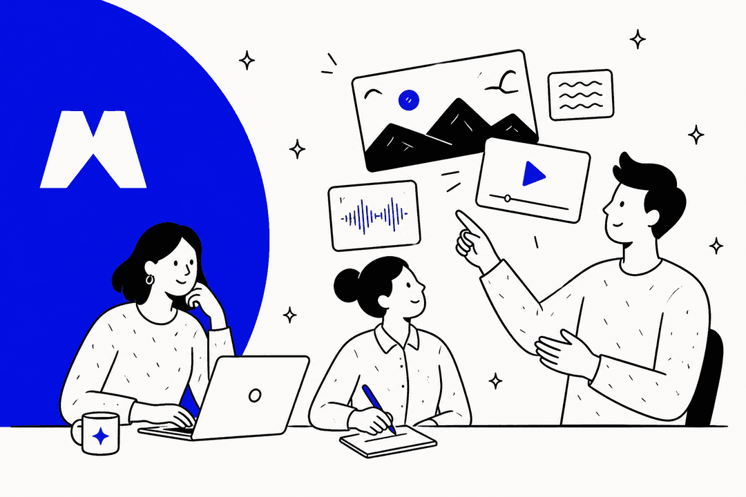 Hand-drawn illustration of three creators working with AI image, video and audio tools, next to the Magnific logo