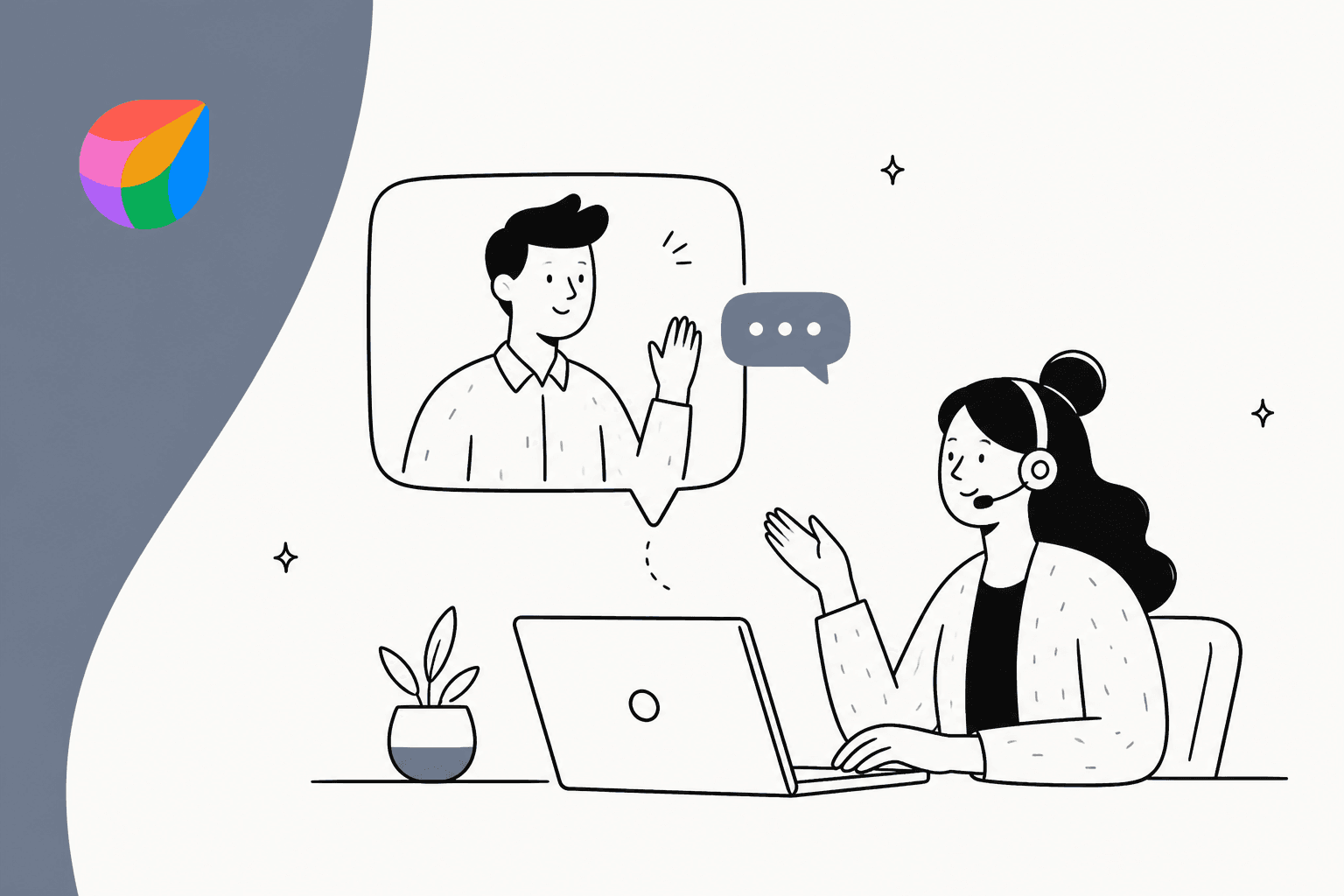 Illustrated banner for a guide to Freshdesk chat support, with a support agent in a headset on a video chat