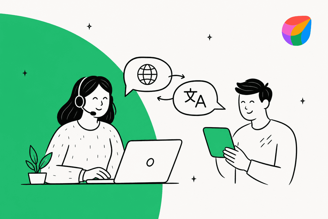Hand-drawn illustration of a support agent with a headset at a laptop and a customer holding a tablet, with speech bubbles showing a globe and a translate symbol between them, next to the Freshworks logo