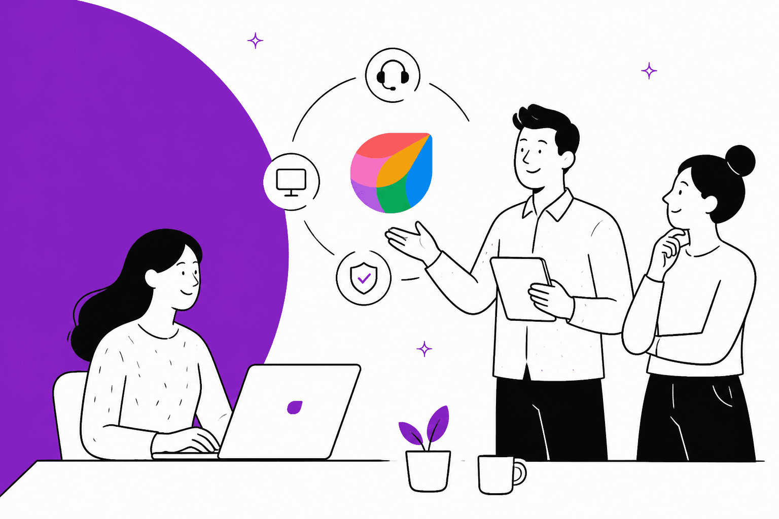 Hand-drawn hero banner of an IT team around a laptop with the Freshservice logo surrounded by support, device and security icons on a purple shape