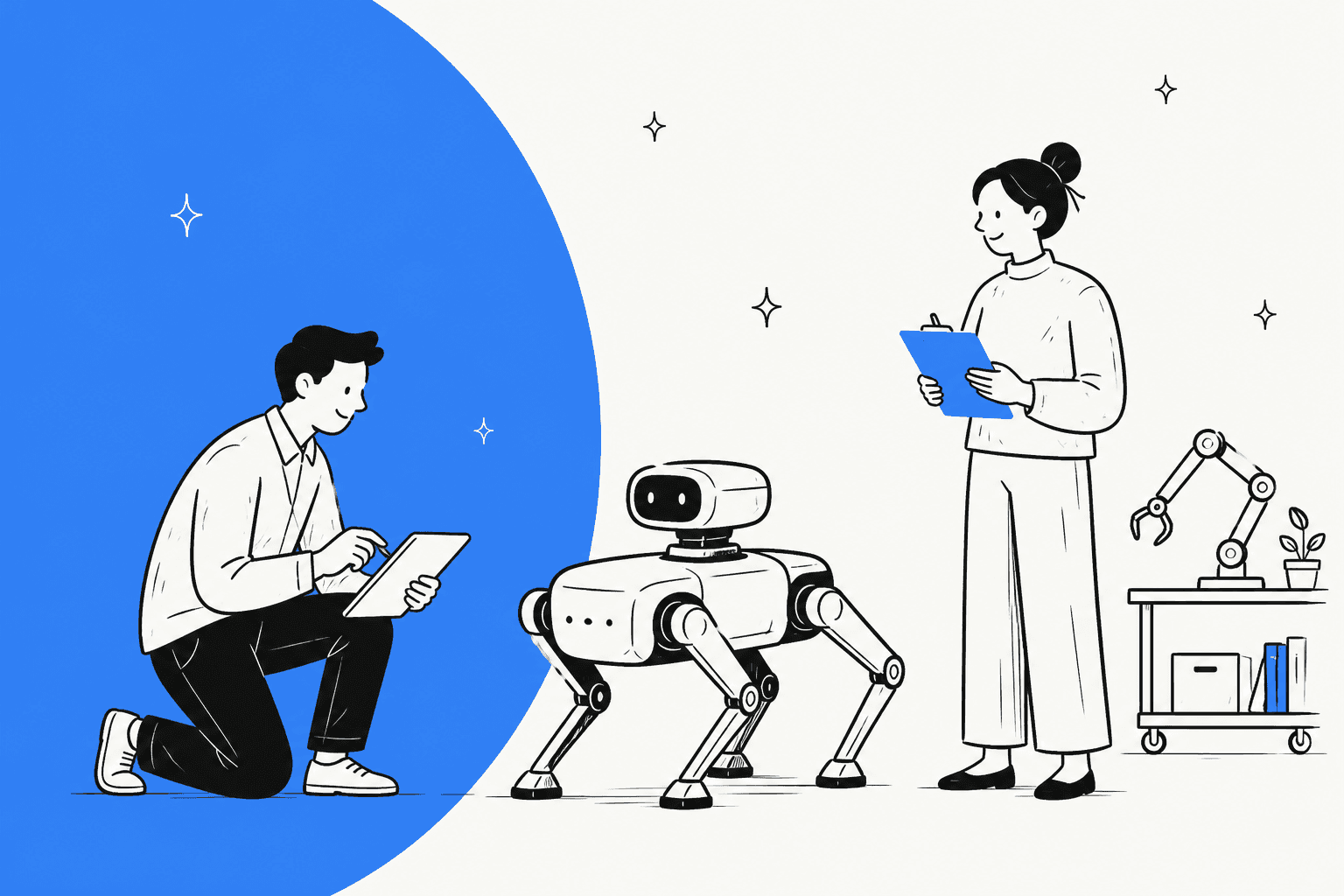 Hand-drawn illustration of two engineers with tablets watching a four-legged robot, for a guide to Gemini 4 Argon for robotics