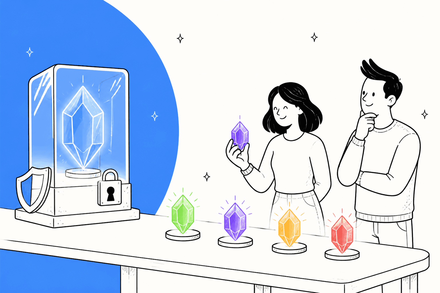 Hand-drawn illustration of a glowing blue crystal locked inside a glass case with a shield, while two people pick up green, purple, yellow and red gems from a workbench in front of it