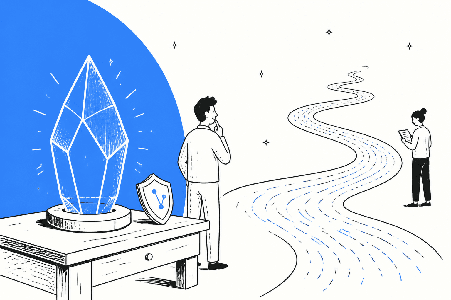 Hand-drawn illustration of a glowing blue crystal and a small shield on a workbench, with a person looking down a long winding path of code, for an explainer on Gemini 4 Carbon