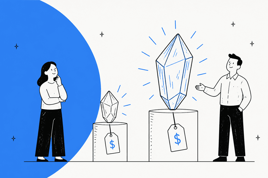 Hand-drawn illustration of two people looking at a small crystal and a much bigger glowing blue crystal, each with the same dollar price tag, for a guide to Gemini 4 Carbon pricing