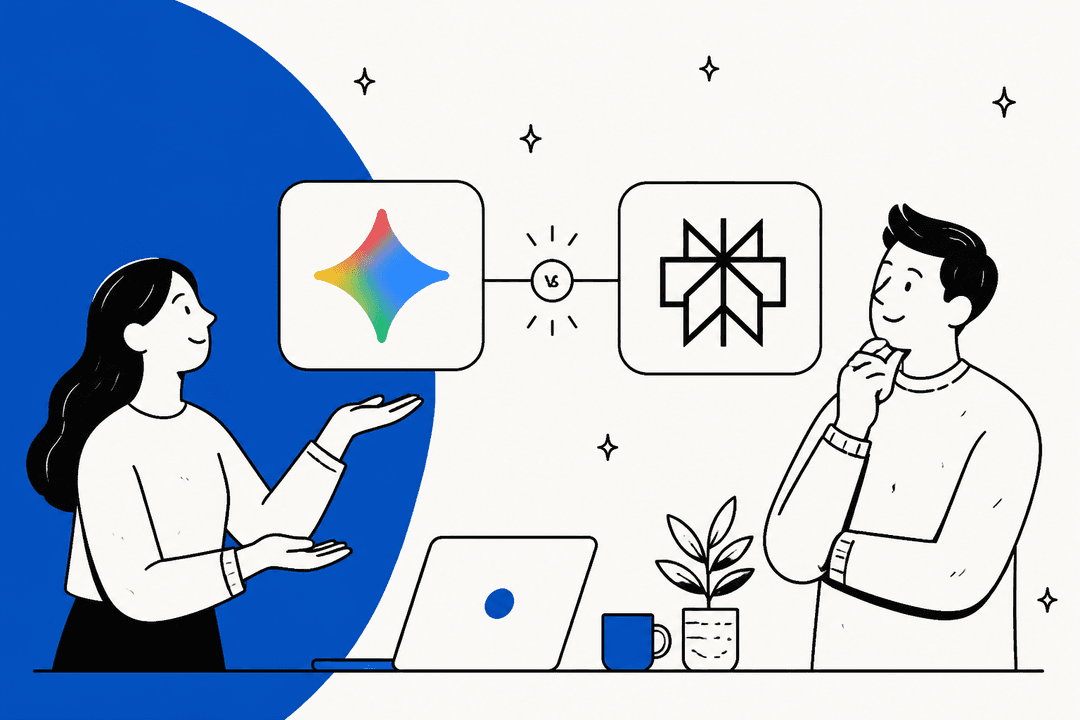 Illustration of two people comparing the Gemini and Perplexity logos