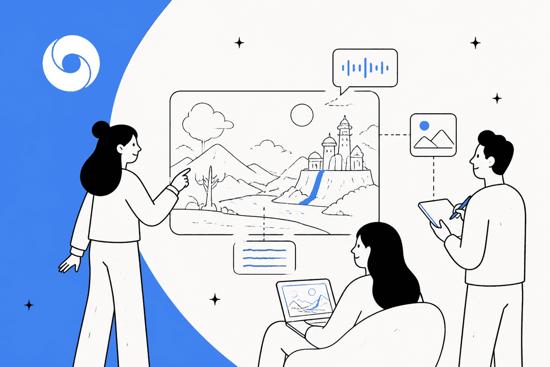 Three people exploring a hand-drawn interactive landscape with a sound wave and image panels, next to a Google DeepMind style mark, in blue
