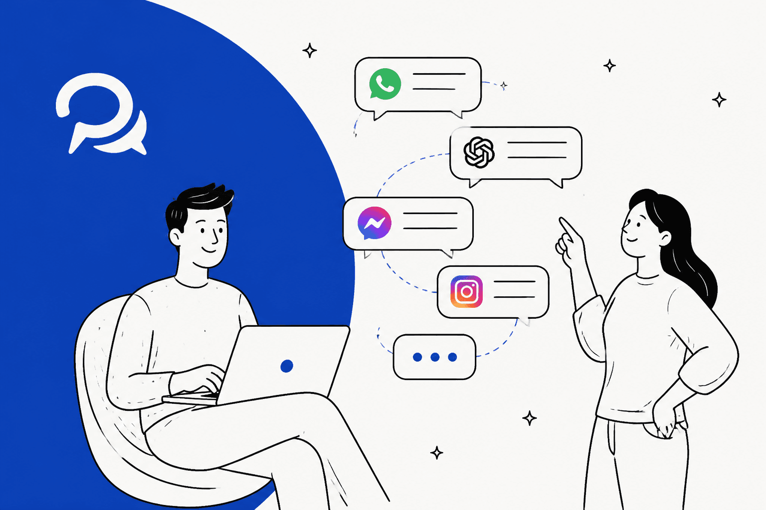 Hand-drawn illustration of a person at a laptop next to a blue GetButton circle, with chat bubbles for WhatsApp, an AI bot, Messenger and Instagram floating toward a second person