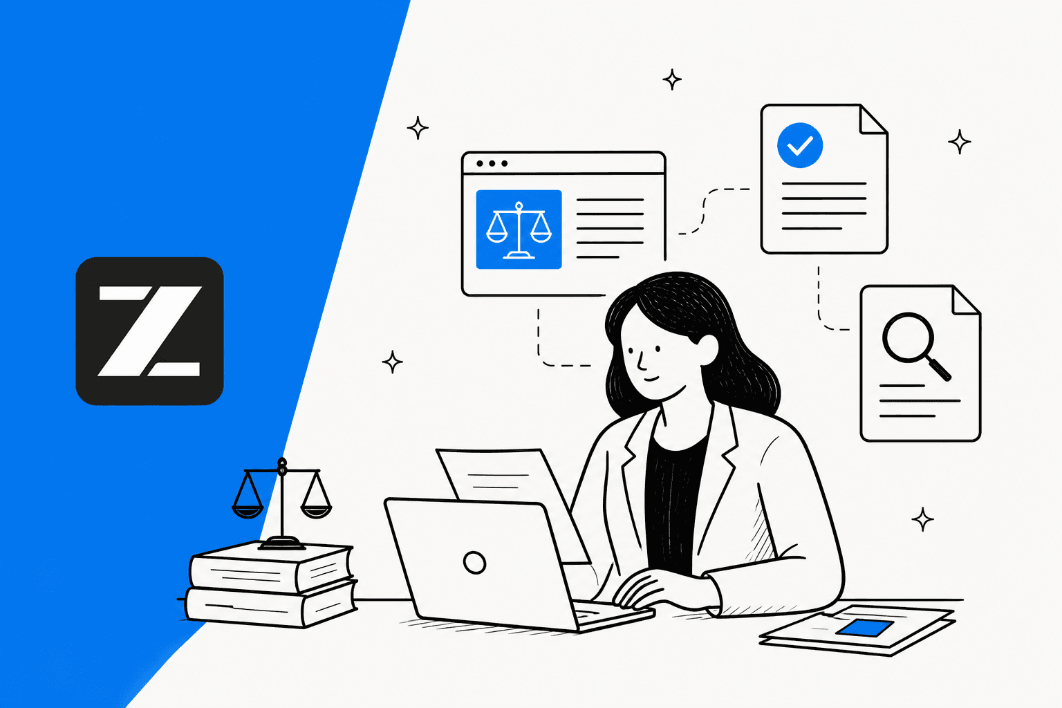 Hand-drawn illustration of a lawyer at a laptop reviewing contracts and evidence files next to the Z.ai logo, for a post on GLM-Legal