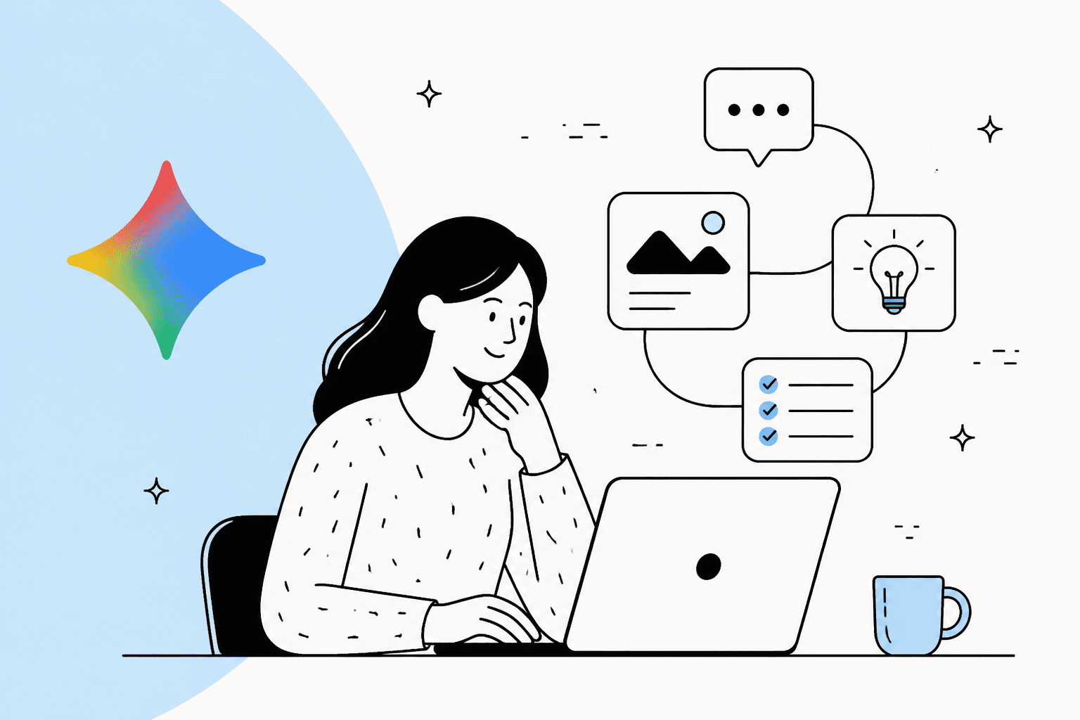 Hand-drawn illustration of a person at a laptop with the Gemini logo, for a guide to the Google AI chatbot (2026)