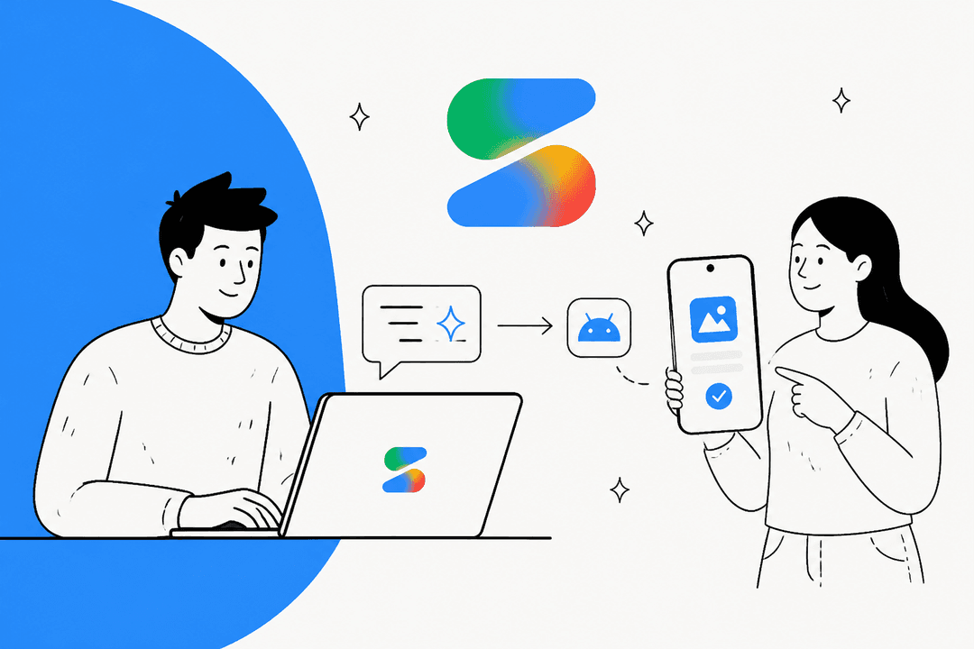 Illustration dessinée à la main d'un développeur qui saisit une idée d'application dans Google AI Studio sur un ordinateur portable pendant qu'une autre personne tient l'application Android terminée sur un téléphone