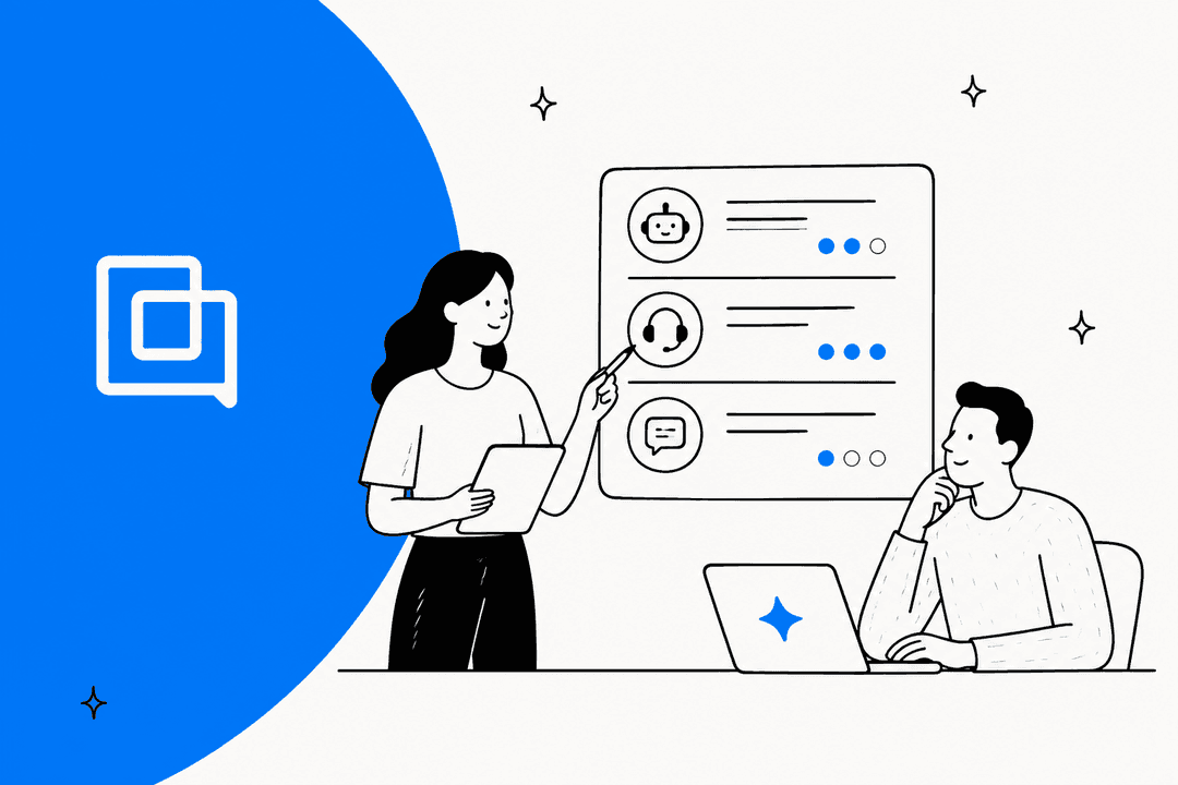 Illustrated hero banner for Gorgias Automate pricing in 2026, with two support teammates reviewing automation, in Gorgias blue