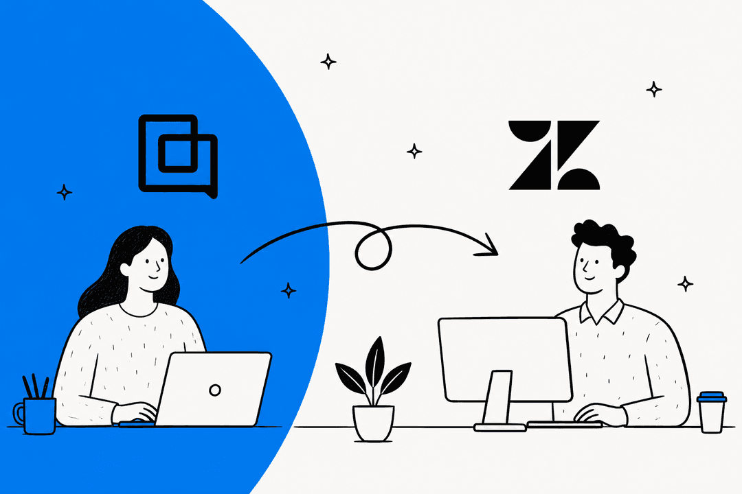 Ilustración dibujada a mano de una agente de soporte con un portátil en Gorgias y un compañero en un ordenador con Zendesk, unidos por una flecha en bucle de un logotipo al otro