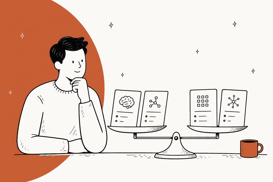 Hand-drawn illustration of a developer weighing AI model cards on a balance scale, for a guide to GPT-6.1 Terra alternatives