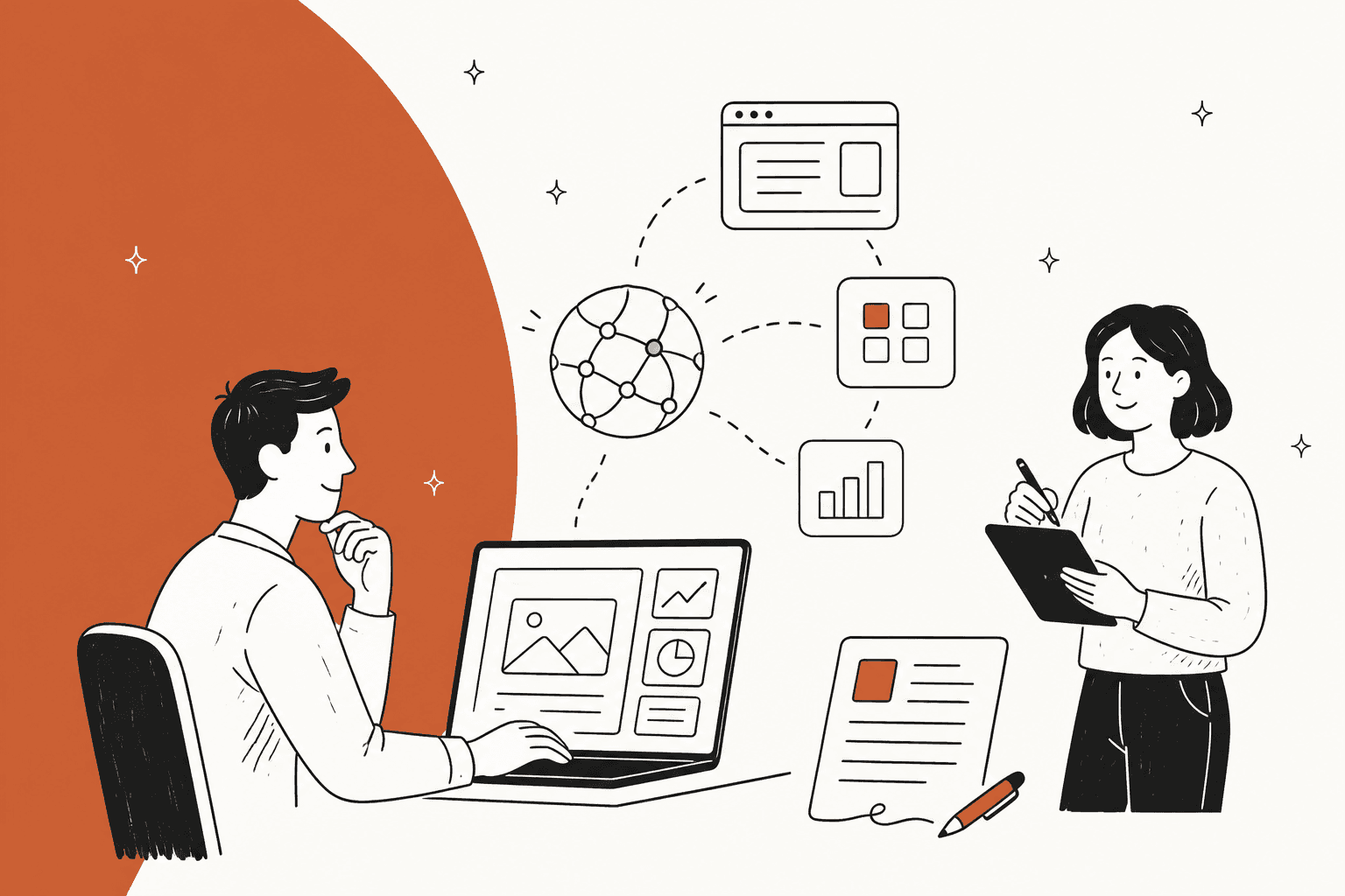 Hand-drawn illustration of a person at a laptop and a colleague with a tablet, linked to app windows, a chart and a document, for a guide to OpenAI's GPT-6.1 Terra