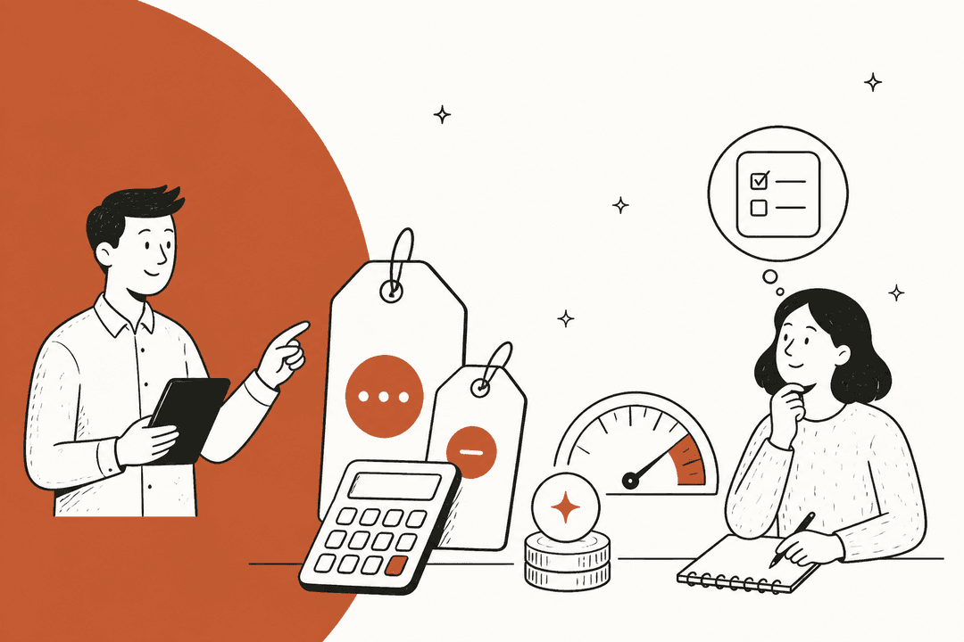 Hand-drawn illustration of two people working out a model bill with price tags, a calculator and a token meter, for a GPT-6.1 Terra pricing breakdown