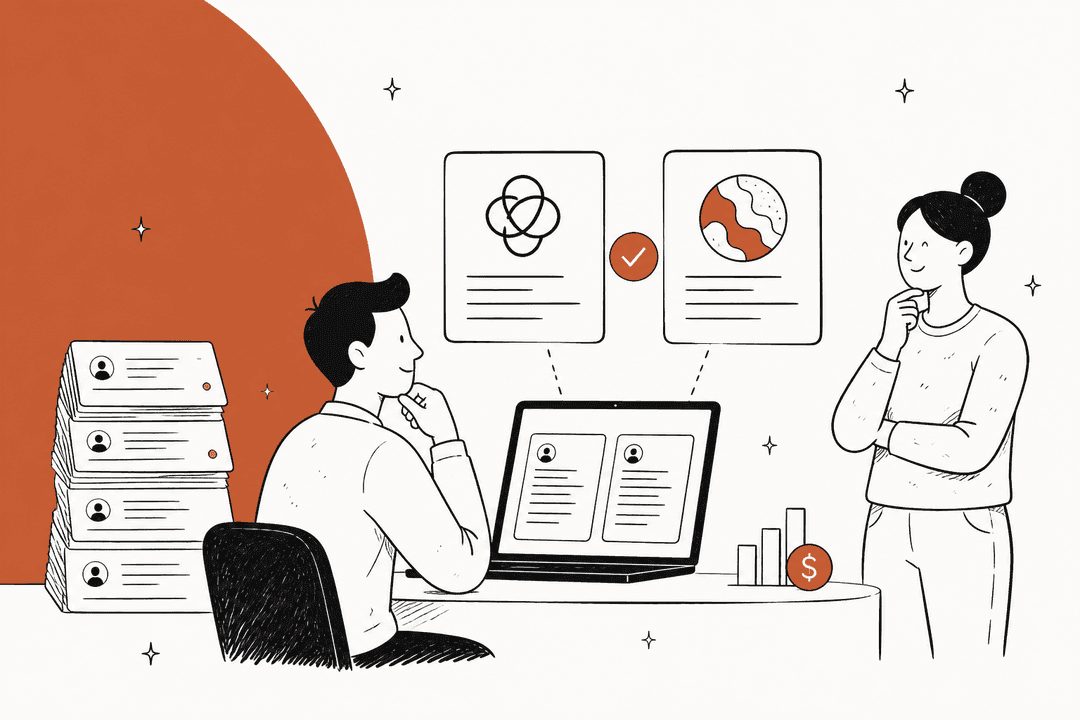 Hand-drawn illustration of a person at a laptop comparing two AI replies next to a stack of support tickets while a colleague looks on, for a GPT-6.1 Terra review
