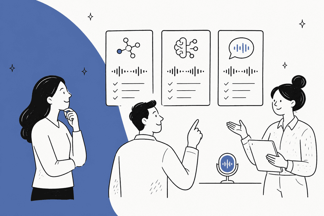 Hand-drawn illustration of three people comparing three voice AI option cards next to a microphone