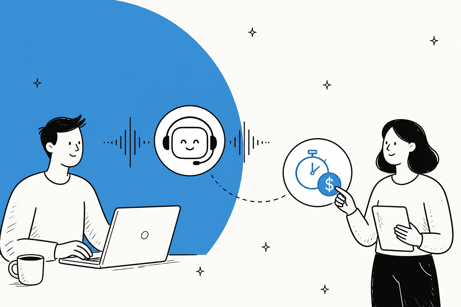 Hand-drawn illustration of a person talking to a voice AI agent while a colleague points at a stopwatch with a dollar coin