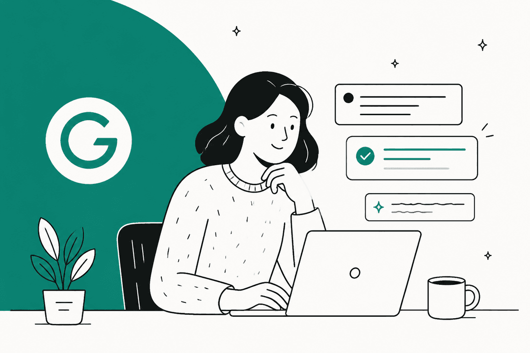 Illustration of a writer at a laptop with Grammarly suggestion cards beside a green Grammarly logo