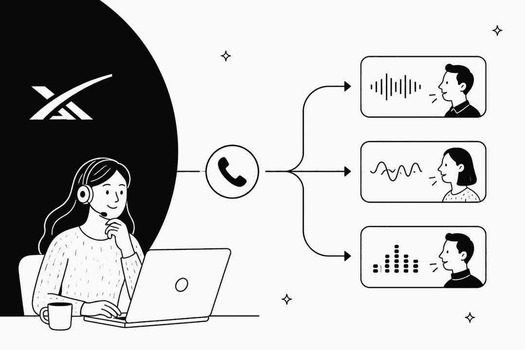 Handgezeichnete Illustration einer Support-Mitarbeiterin am Laptop mit dem xAI-Logo im Hintergrund und einem Telefonanruf, der sich zu drei verschiedenen Sprach-Engines verzweigt